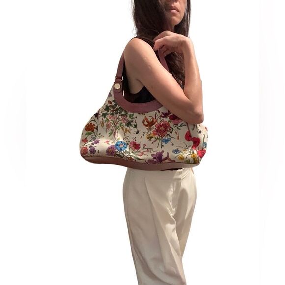 Gucci flora magenta pink leather trimmed tote - Picture 2 of 11